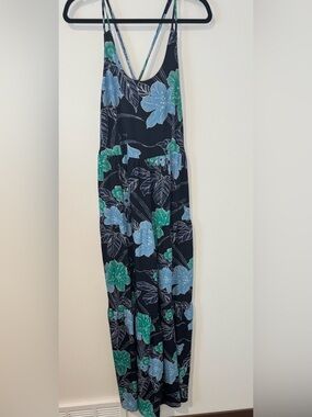 LOFT Navy Tropical Floral Maxi Dress Strappy Cross Back Sleeveless Size 10